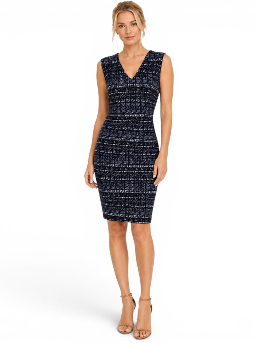 St. John Black Multicolor Wool Blend Knit Tweed Sleeveless Sheath Dress 16